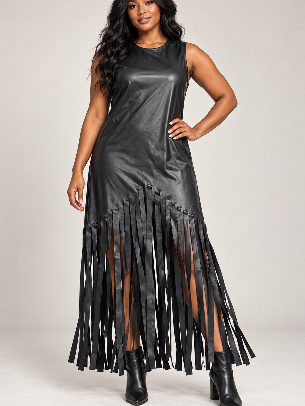 Eton Black Faux Leather Fringe Sleeveless Maxi Dress Size Small